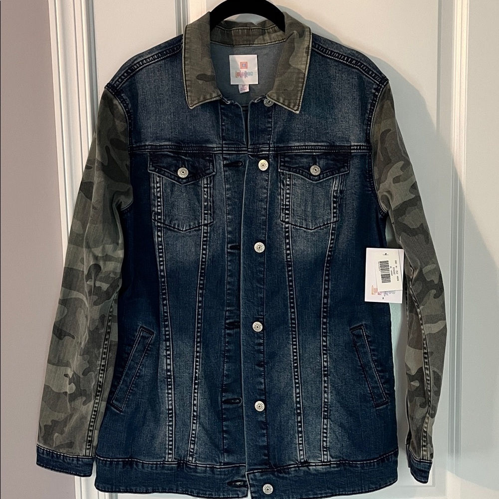 LuLaRoe Jaxon Denim Jacket with Camouflage Accents